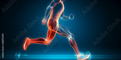 3D render of a male figure running with motion effect Runner isolated on blue background Muscular sportive man Concept of action AI Generative 