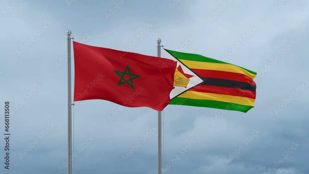Zimbabwe and Morocco flag waving together on cloudy sky, endless seamless loop, two country cooperation concept