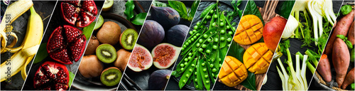 Organic food - photo collage. Set of fresh vegetables, fruits and organic healthy food. Photo banner for a food site. photo