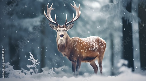 A wild beautiful reindeer in the winter forest looks towards the camera.