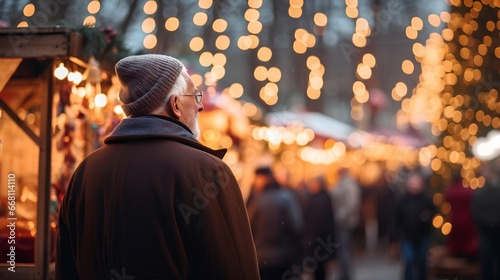 Elderly gentleman is standing in vibrant Christmas market. Old man looking to festive decorations, twinkling lights, and holiday ornaments that add a magical touch to the market. Winter season vibe.