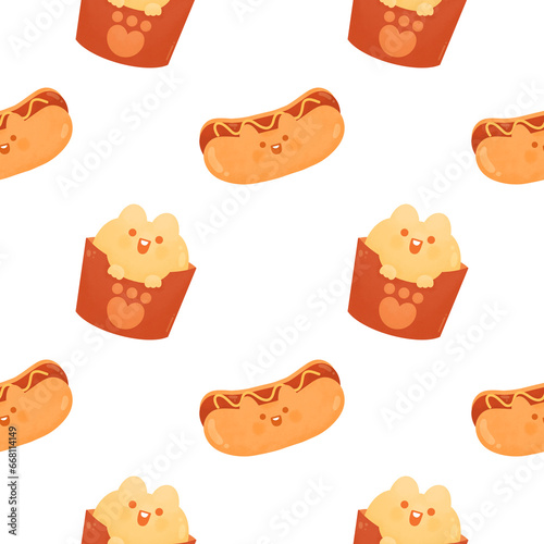 Cute Kawaii cat bread bun hot dog and French fries fast food  happy character American food seamless pattern photo