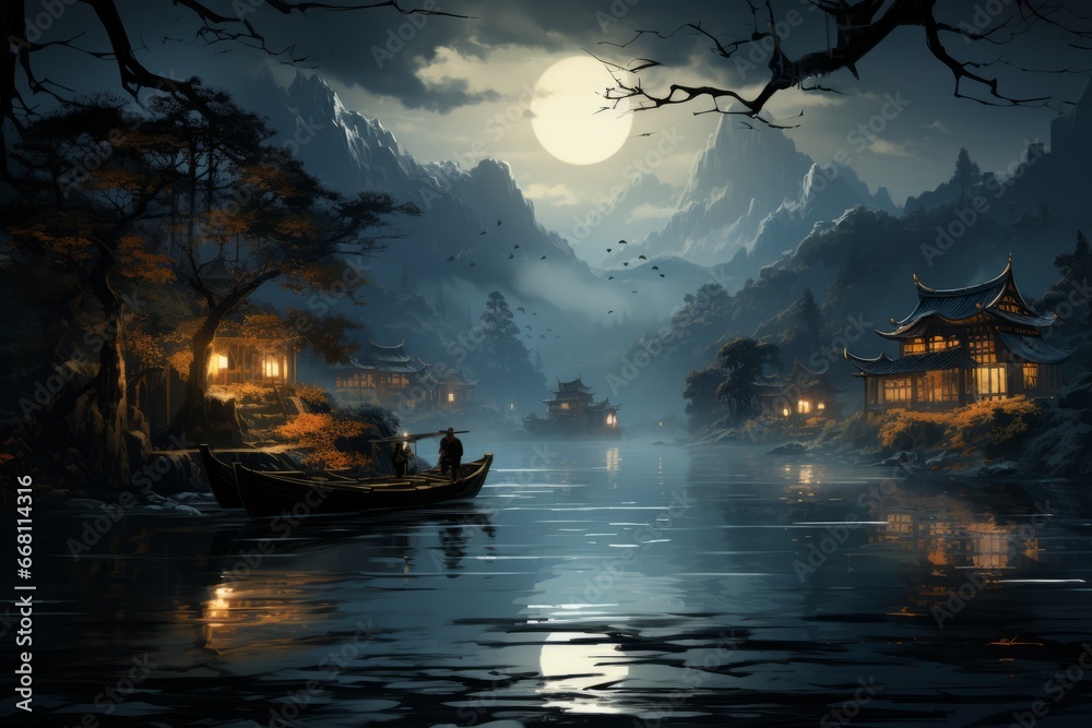 The night landscape of a man on a boat