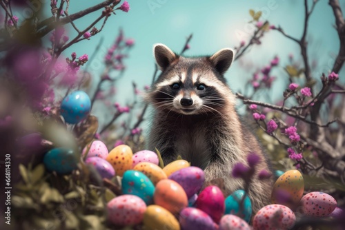 Adorable raccoon with colorful eggs. Cute raccoon animal in spring nature season. Generate ai photo
