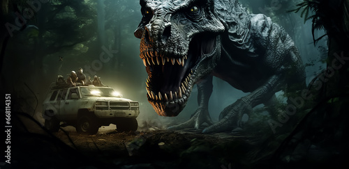 dinosaur T-Rex chased by a jeep car down a road in a middle of the woods