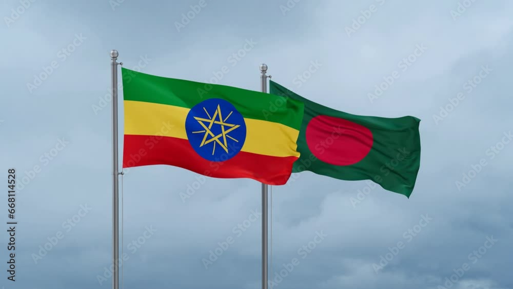 Bangladesh flag and Ethiopia flag waving together on cloudy sky, endless seamless loop, two country relations concept Bangladesh flag and Ethiopia flag waving together on cloudy sky, endless seamless loop, two country relations concept