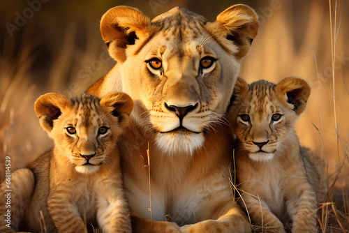 A lioness and her cubs resting in the savanna