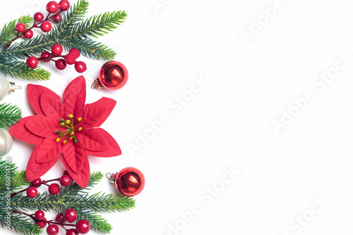 Christmas tree branch  Christmas balls  poinsettia  berries on white background Xmas composition Merry Christmas  New Year concept Top view Flat lay Holiday 2024 greeting card Banner Mock up