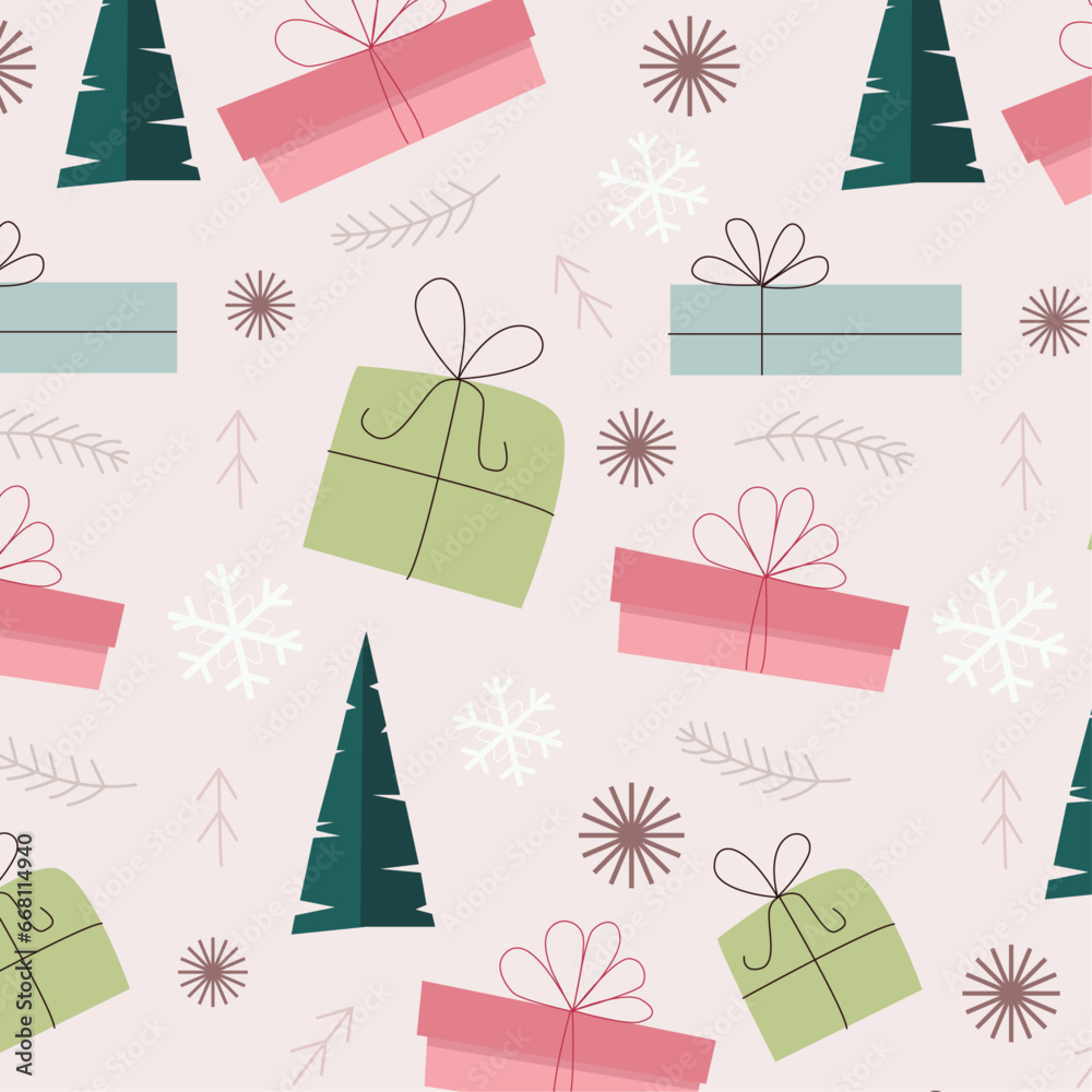 Christmass seamless pattern with presents and christmas trees.Christmas winter pattern with christmas decor for wrapping paper, background or banner.