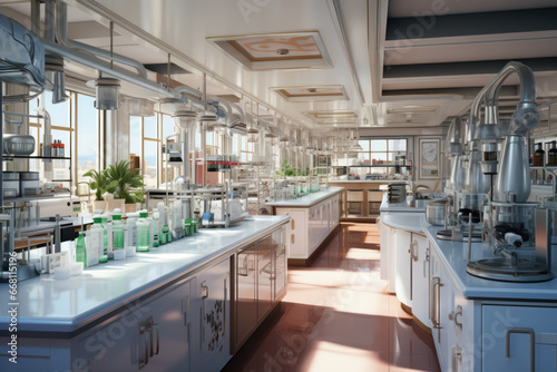 The interior of a modern biological laboratory. Equipment and furniture in the room for scientific research.