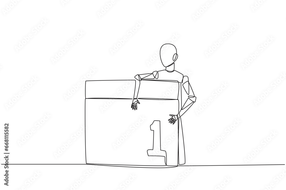 Continuous one line drawing robot hugging desk calendar. The launch date of the latest technology robot has been set. Machine learning concept. Future tech. Single line draw design vector illustration Continuous one line drawing robot hugging desk calendar. The launch date of the latest technology robot has been set. Machine learning concept. Future tech. Single line draw design vector illustration