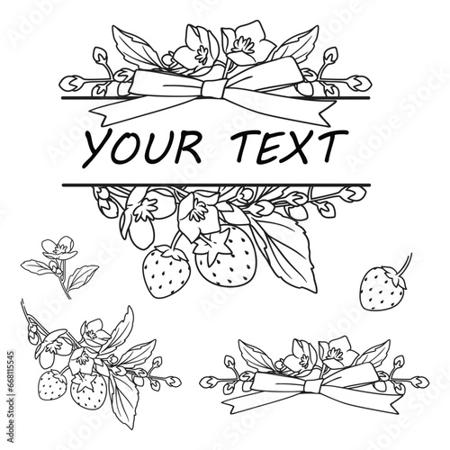 Line art flowers with strawberry split monograme, Floral, strawberry and ribbon element for invitation, wedding or greeting cards, Flower and leaves isolated on white background, Vector illustration.