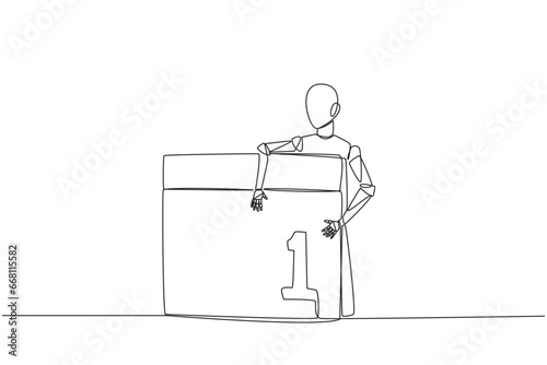 Continuous one line drawing robot hugging desk calendar. The launch date of the latest technology robot has been set. Machine learning concept. Future tech. Single line draw design vector illustration