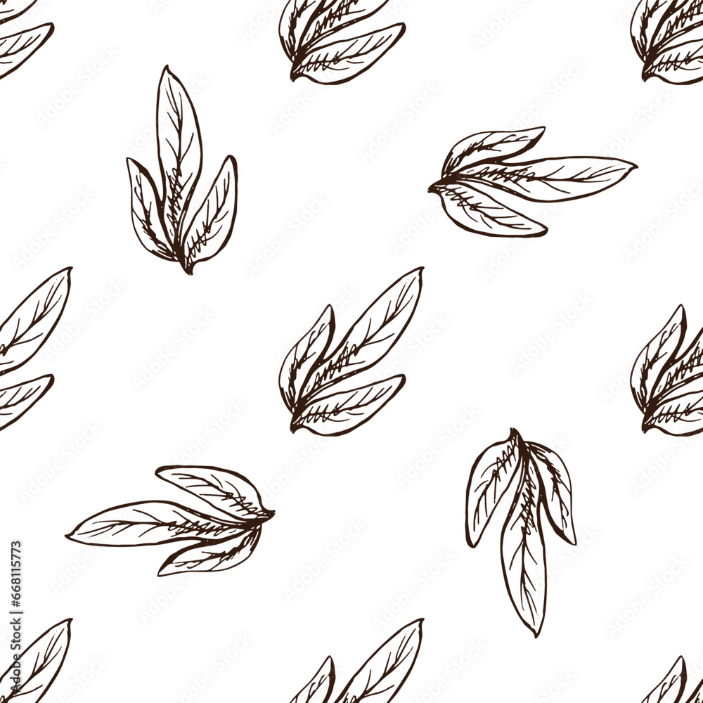 Seamless pattern of hand drawn flower leaf. Monochrome flower doodle. Black and white vintage element. Vector sketch. Detailed retro style. Seamless pattern of hand drawn flower leaf. Monochrome flower doodle. Black and white vintage element. Vector sketch. Detailed retro style.
