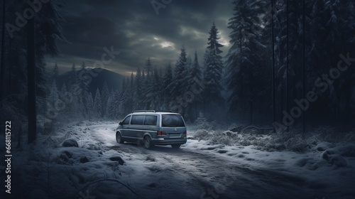Concept of auto travel during winter holiday season. Road trip journey. Generative AI. The minivan is driving through a snowy winter forest. Mystical natural atmosphere and one lost car. © Nikolai