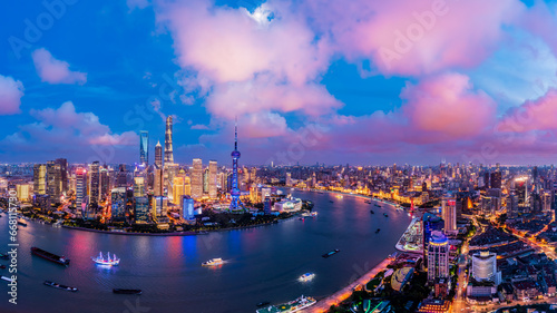 Aerial view of Shanghai city skyline and skyscrapers scenery at night, China. Famous tourist destination.