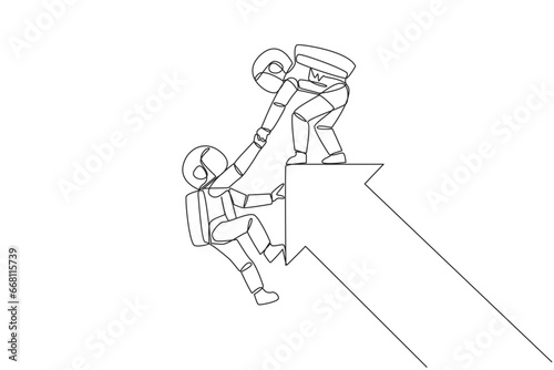 Single one line drawing astronaut pulled the arm of another astronaut that almost fell from the big arrow. Team work to help colleagues. Galaxy deep space. Continuous line design graphic illustration