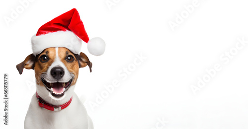 New Year's Eve banner with a cheerful Jack Russell Terrier dog wearing a Santa hat. Isolated. Space for text. Generative AI © eleonora_os