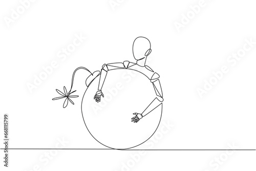 Single continuous line drawing robot hugging large bomb with a burning fuse. Bomb squad robot. Anti riot robot. Artificial intelligence. Future technology concept. One line design vector illustration
