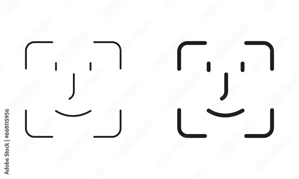 Face ID Line and Silhouette Black Icon Set. Facial Recognition Pictogram. Biometric Identification Scan Technology Symbol Collection. Verification on Smartphone Sign. Isolated Vector Illustration