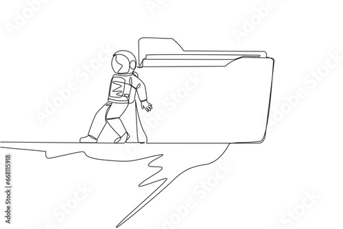 Single continuous line drawing astronaut push giant folder icon down with back from the edge of cliff. Destroy the material in the archive. Cosmonaut outer space. One line design vector illustration