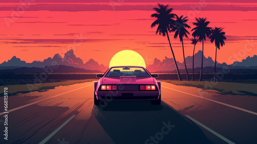 Summer vibes 80s style illustration with car driving into sunset © Designcy Studio