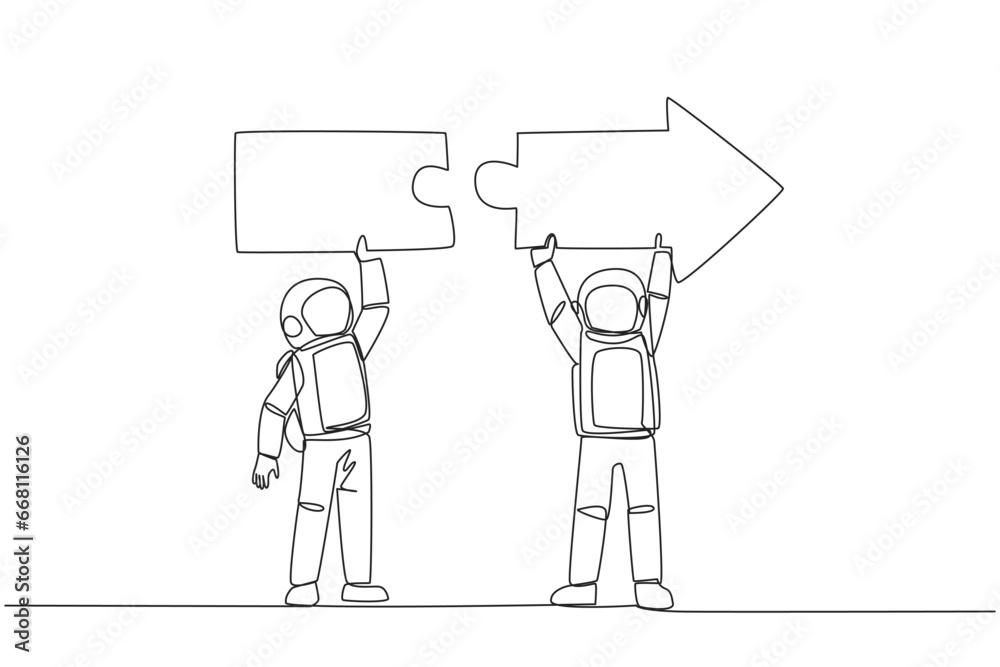 Continuous one line drawing two astronauts doing teamwork to carrying directional arrow puzzle. Metaphor equate ideas. Deep space astronaut concept. Cosmic. Single line draw design vector illustration Continuous one line drawing two astronauts doing teamwork to carrying directional arrow puzzle. Metaphor equate ideas. Deep space astronaut concept. Cosmic. Single line draw design vector illustration