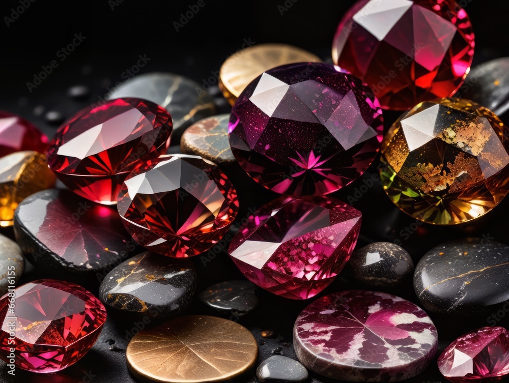 Faceted, pink gemstones on black. Rubies Faceted, pink gemstones on black. Rubies