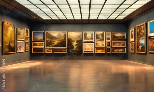 アートギャラリーに展示された絵画を鑑賞する、美術館背景｜Admire the paintings displayed at the art gallery. Museum background. Generative AI