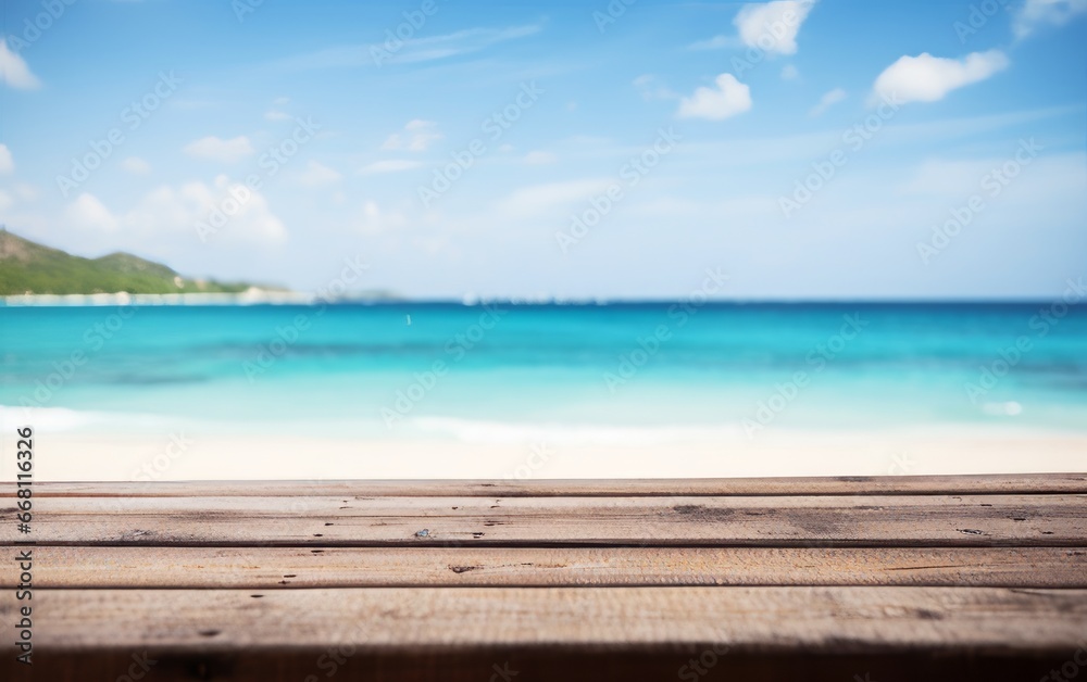 empty wooden table top sea summer background