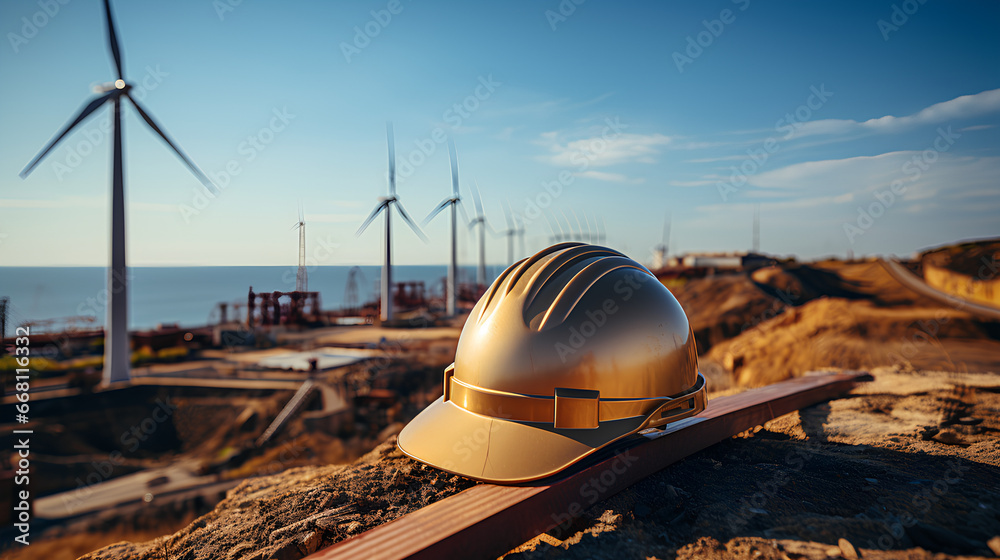 Protective helmet on the background of wind turbines on the construction site