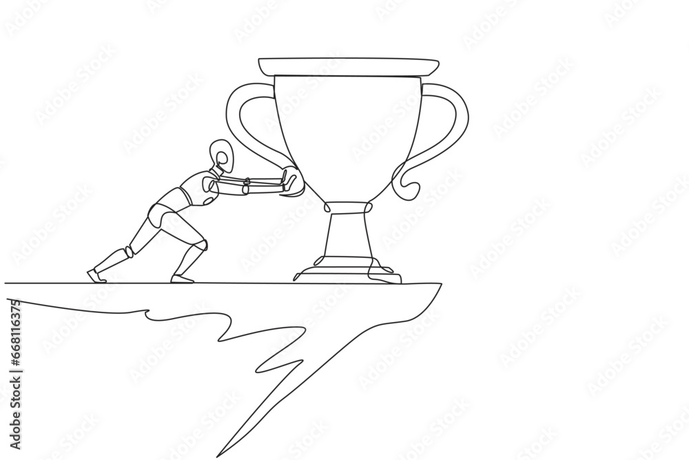 Single one line drawing robot pushes the giant trophy from the edge of the cliff. Wasting the chance to become a champion. Robotic artificial intelligence. Continuous line design graphic illustration Single one line drawing robot pushes the giant trophy from the edge of the cliff. Wasting the chance to become a champion. Robotic artificial intelligence. Continuous line design graphic illustration