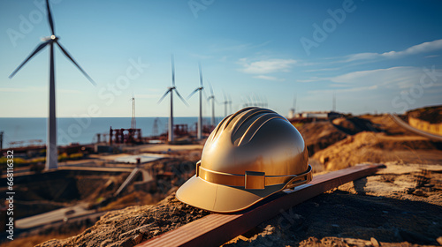 Protective helmet on the background of wind turbines on the construction site