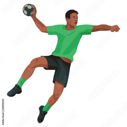 African handball player in a green sports uniform jumped high to throw the ball