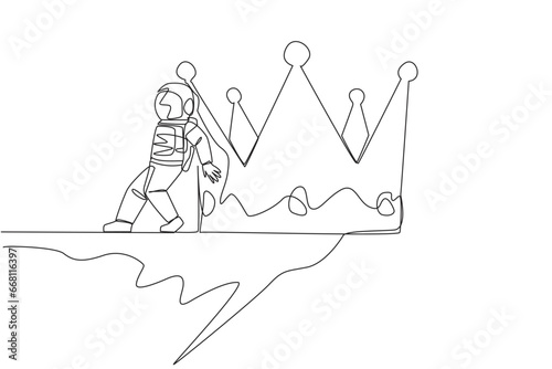 Single one line drawing astronaut pushed giant crown down with his back from the edge of the cliff. Achievement of a successful expedition without a crown. Continuous line design graphic illustration