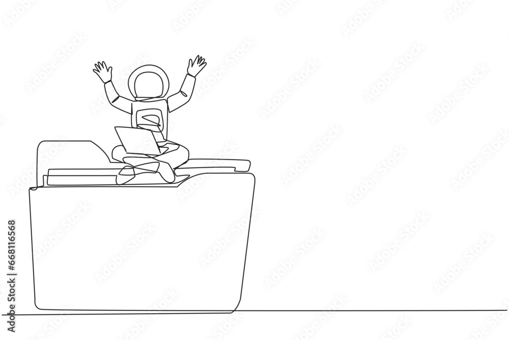 Single one line drawing young energetic astronaut sitting on giant ...