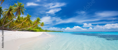 Beautiful tropical beach at exotic island with palm trees. © trompinex