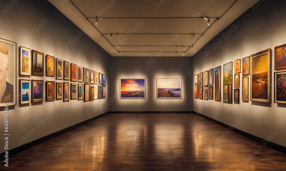 アートギャラリーに展示された絵画を鑑賞する、美術館背景|Admire the paintings displayed at the art gallery. Museum background. Generative AI アートギャラリーに展示された絵画を鑑賞する、美術館背景|Admire the paintings displayed at the art gallery. Museum background. Generative AI