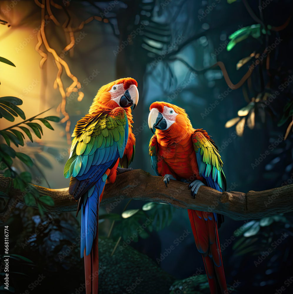 Tropical parrots sitting on a tree branch 