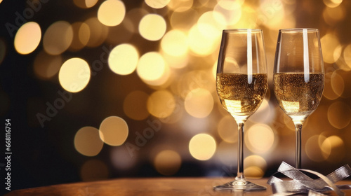 Glasses of champagne on bokeh background. New year celebration.