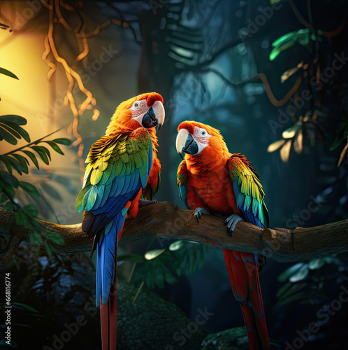 Tropical parrots sitting on a tree branch 
