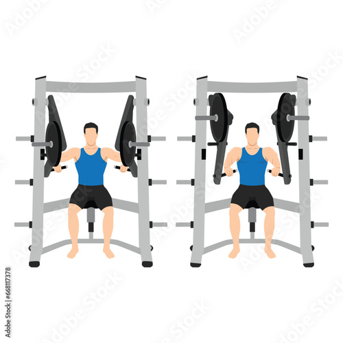 Man doing hammer strength chest bench press. Seated chest press exercise. Flat vector illustration isolated on white background