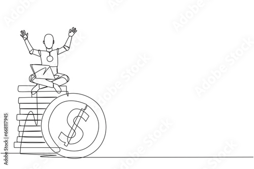 Single continuous line drawing robotic artificial intelligence sitting on stack of giant coins sign dollar holding laptop raise both hands. Robot collecting money. One line design vector illustration