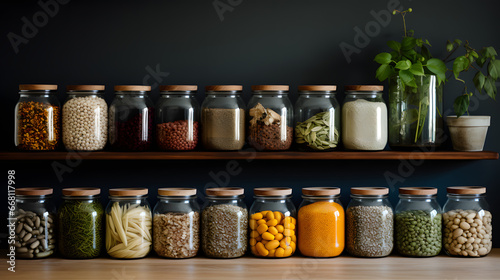 Zero waste kitchen: glass jars with grains and pulses on wooden shelves