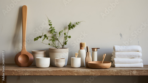 Zero waste bathroom items on wooden shelf: bamboo toothbrush and soap bars