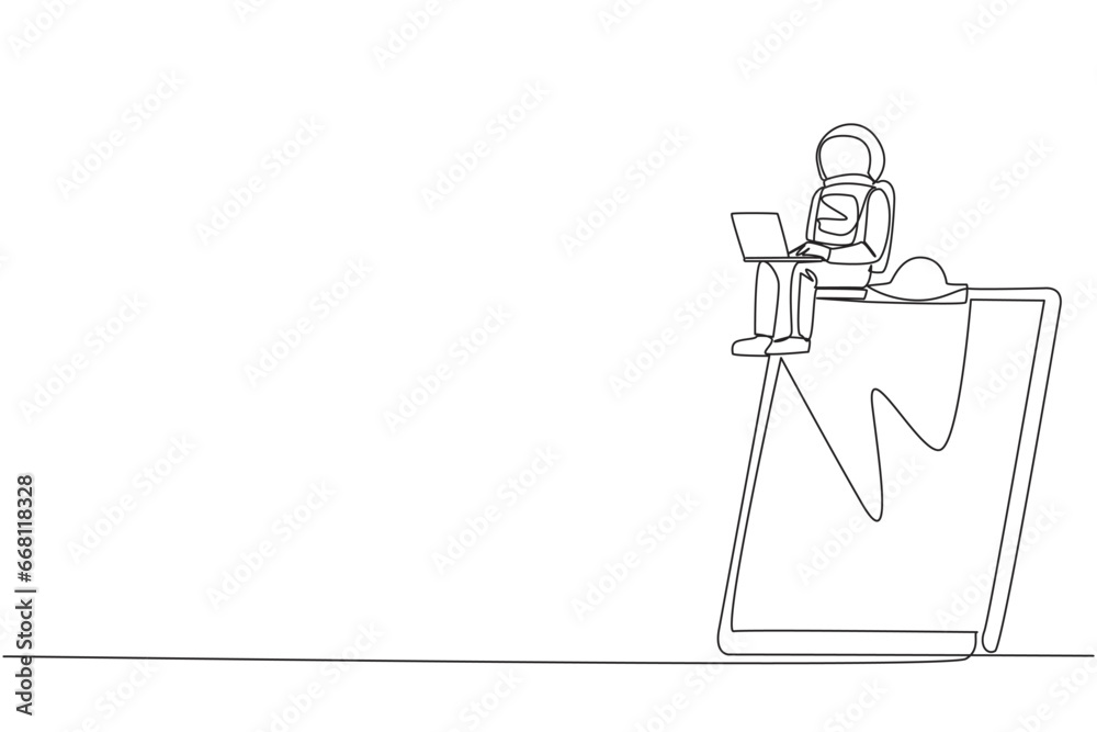 Single one line drawing young energetic astronaut sitting on giant ...