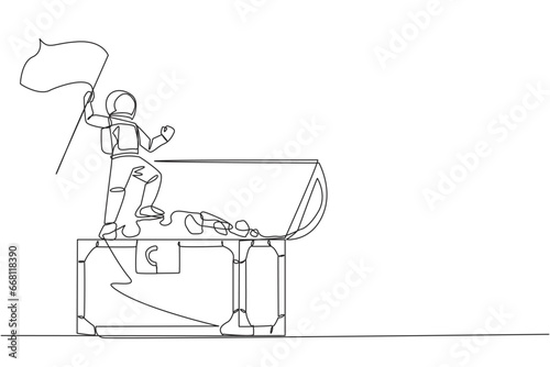 Single continuous line drawing young energetic astronaut standing on giant open treasure chest holding fluttering flag. Get treasure on the surface of the moon. One line design vector illustration
