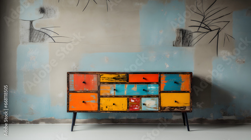 Restored upcycled furniture against a minimalist backdrop photo