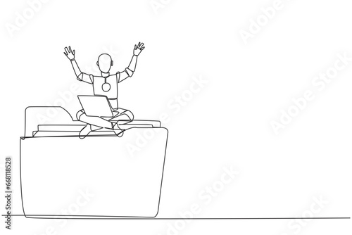 Single one line drawing robotic artificial intelligence sitting on giant folder holding laptop raise both hands. Robot restore data in folder was attacked by hackers. Continuous line design graphic