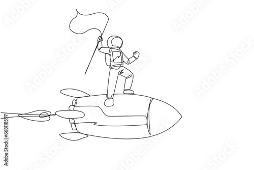 Single one line drawing young energetic astronaut standing on flying rocket through the sky holding fluttering flag. Space travel to the moon. Cosmonaut. Continuous line design graphic illustration
